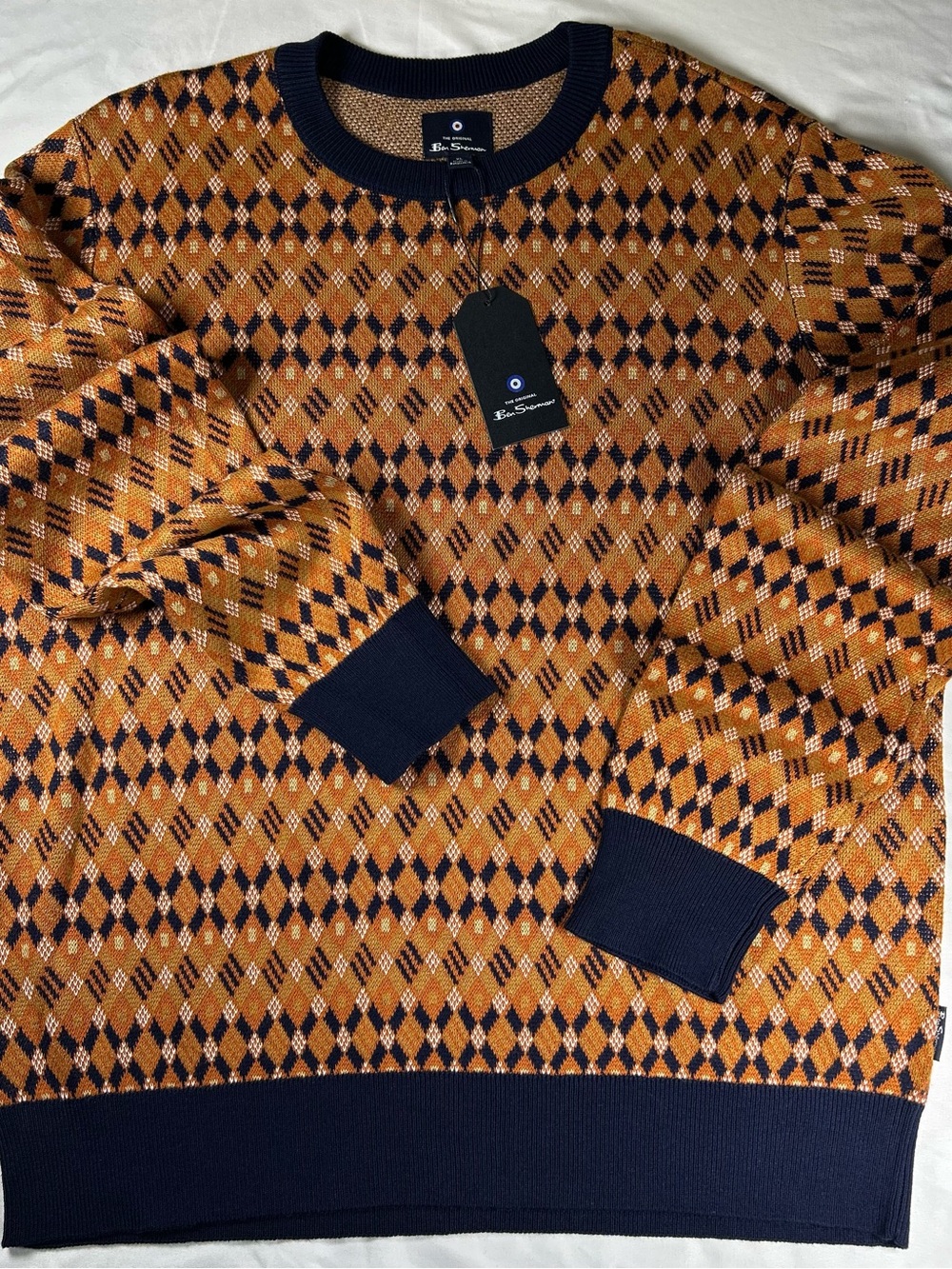 Ben Sherman Men's Argyle Crewneck Sweater - Tan & Navy